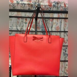 Kate Spade ♠️ Bright Coral Leather Tote with Bow Detail